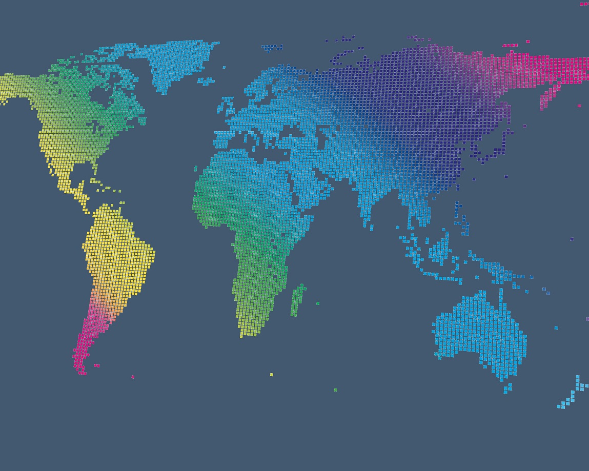 A map of the world in rainbow colours, to symbolise that ILGA World member organisations are spread across the world