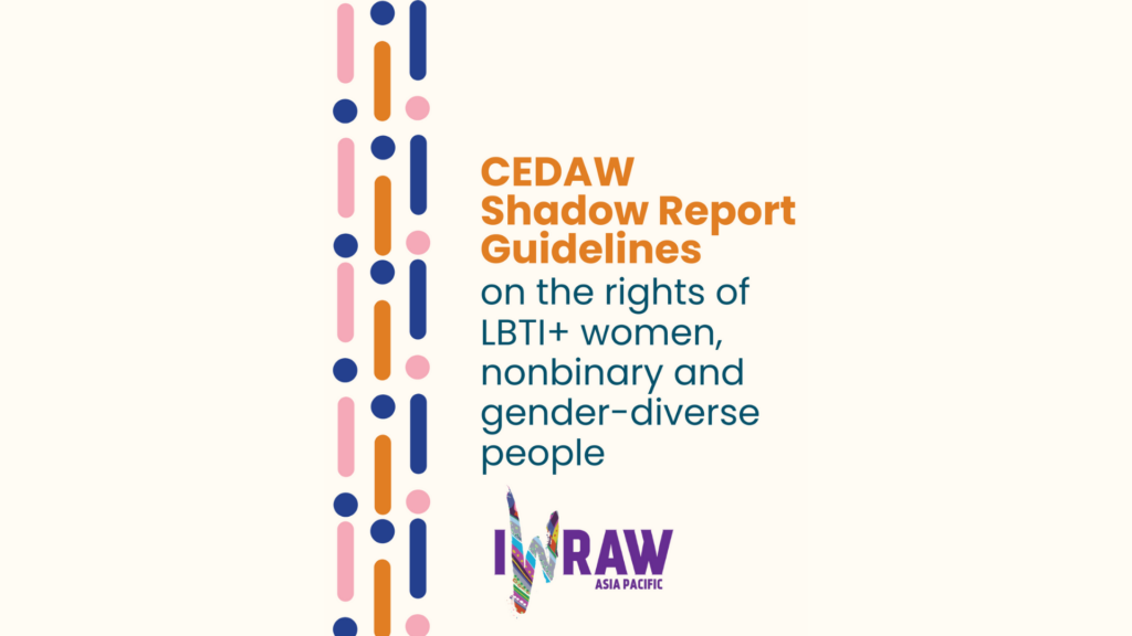 The image shows a pattern of lines and dots in four colours, and text reading "CEDAW shadow report guidelines on the rights of LBTI+ women, non-binary and gender-diverse people". The logo of IWRAW Asia Pacific sits at the bottom centre of the image