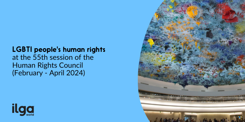 A photo of the blue ceiling in room XX at the Palais des Nations in Geneva is placed in a rounded frame. Text reads: "LGBTI people's human rights at the 55th session of the UN Human Rights Council". The ILGA World logo is placed at the bottom left of the image
