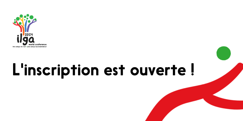 Le logo de la conférence mondiale 2024 de l'ILGA représente un baobab dont les branches et les feuilles sont aux couleurs du drapeau de la fierté. Le texte est le suivant : "Conférence mondiale de l'ILGA 2024 : Kwa umoja we rise ! ¡Kwa umoja nos levantamos !". Le text dit: "L'inscription est ouverte!"