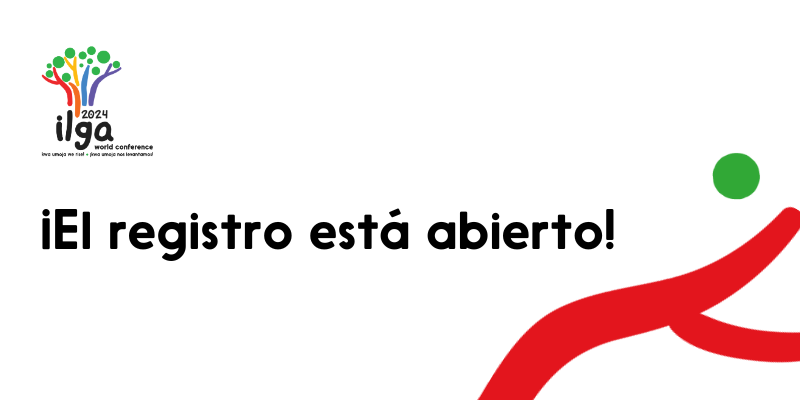 El logotipo de la Conferencia ILGA Mundo 2024 muestra el dibujo de un árbol baobab, con ramas y hojas en los colores de una bandera del Orgullo. El texto dice: Conferencia ILGA Mundo 2024: Kwa umoja we rise! ¡Kwa umoja nos levantamos!”. En el texto se lee: "El regístro está abierto"