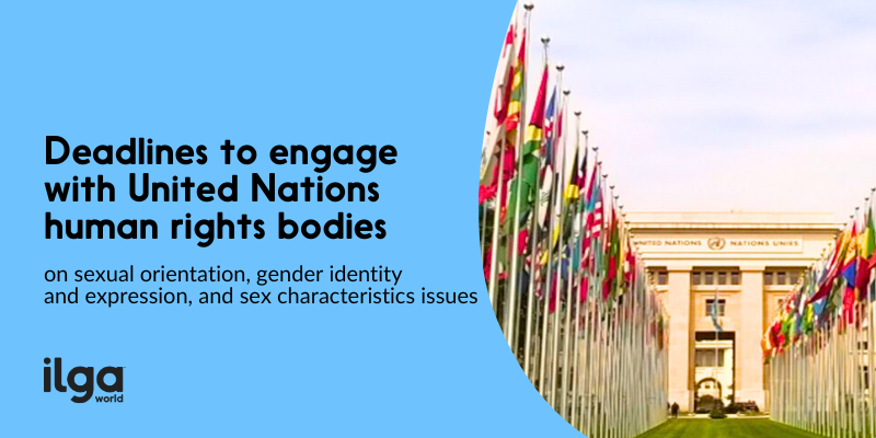 The photo of the alley of flags at the Palais des Nations in Geneva is placed in a rounded frame. The text reads: "Deadlines to engage with United Nations human rights bodies on sexual orientation, gender identity and expression, and sex characteristics issues". The ILGA World logo is placed at the bottom left of the image