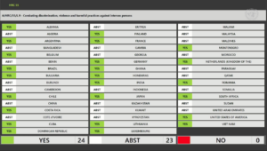 A screenshot of the voting record for the intersex resolution at the 55th UN Human Rights Council