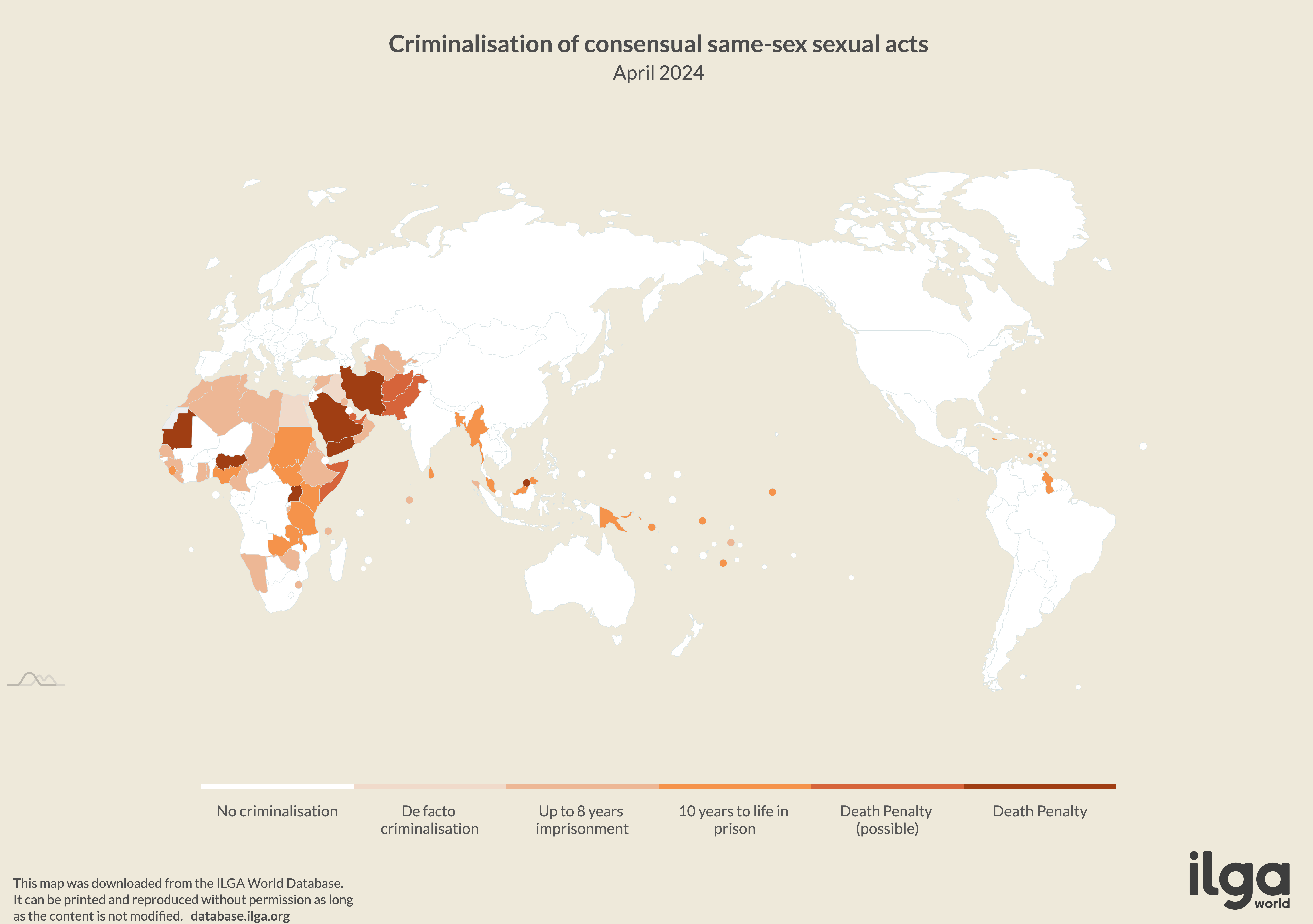ILGA World map of countries criminalising LGBT and gender diverse persons for consensual same-sex sexual acts (May 2024, Pacific-centred