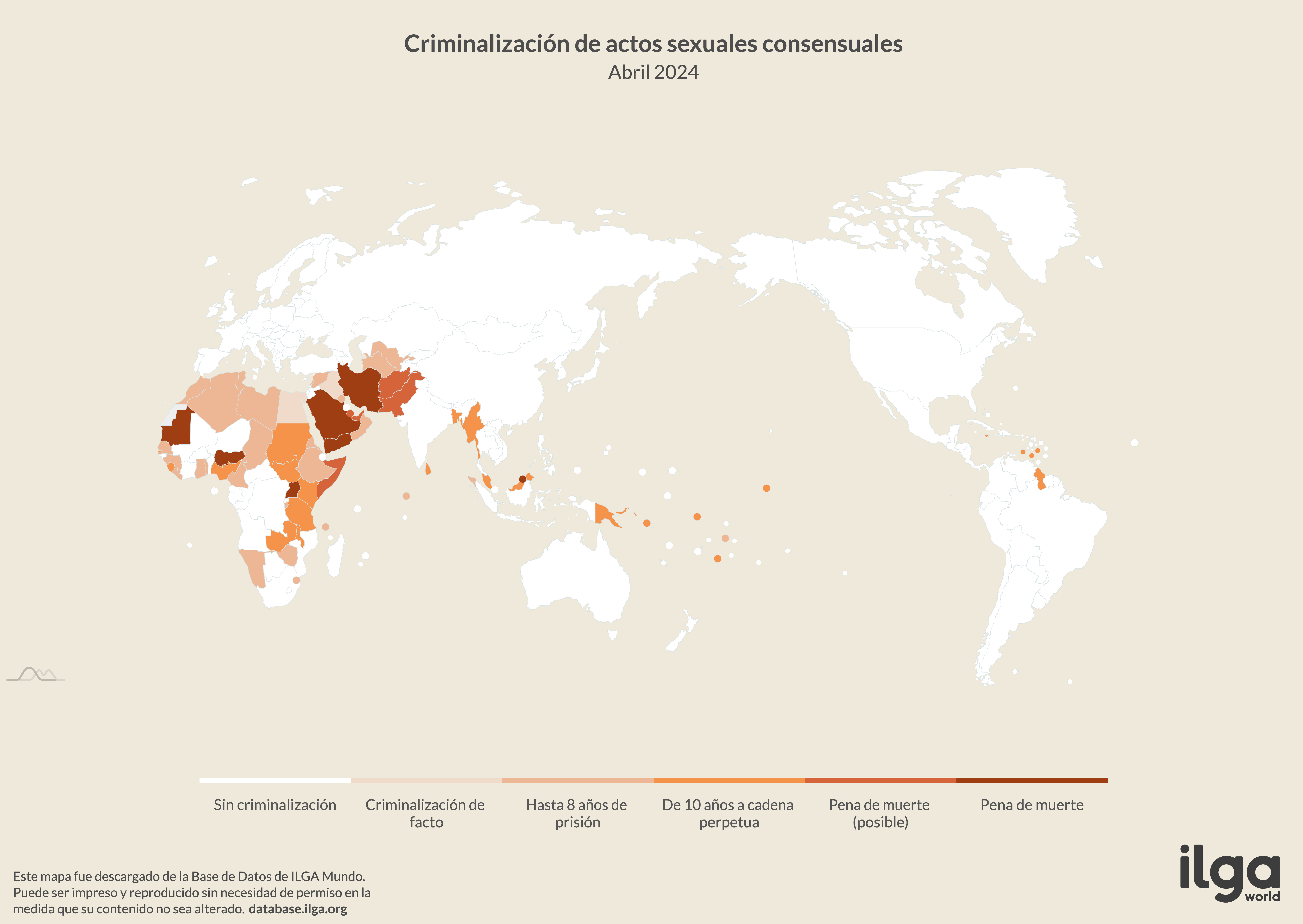 Mapa de ILGA Mundo de países que criminalizan a las personas LGBT y de género diverso por actos sexuales consesuales entre personas del mismo sexo (mayo de 2024, centrado en el Pacifico)
