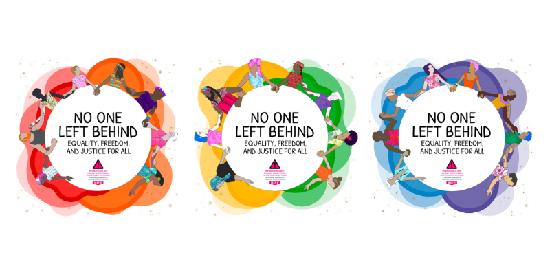An illustration showing three groups of diverse people holding hands and forming round shapes. In the middle of each group, text reads "No one left behind: equality, freedom, and justice for all". The logo of IDAHOBIT May 17 is placed below the text