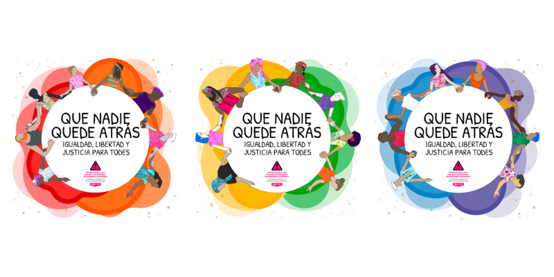 Ilustración que muestra tres grupos de personas diversas cogidas de la mano y formando figuras redondas. En el centro de cada grupo, el texto reza "Que nadie quede atrás: igualdad, libertad y justicia para todes". El logotipo de IDAHOBIT 17 de mayo aparece debajo del texto