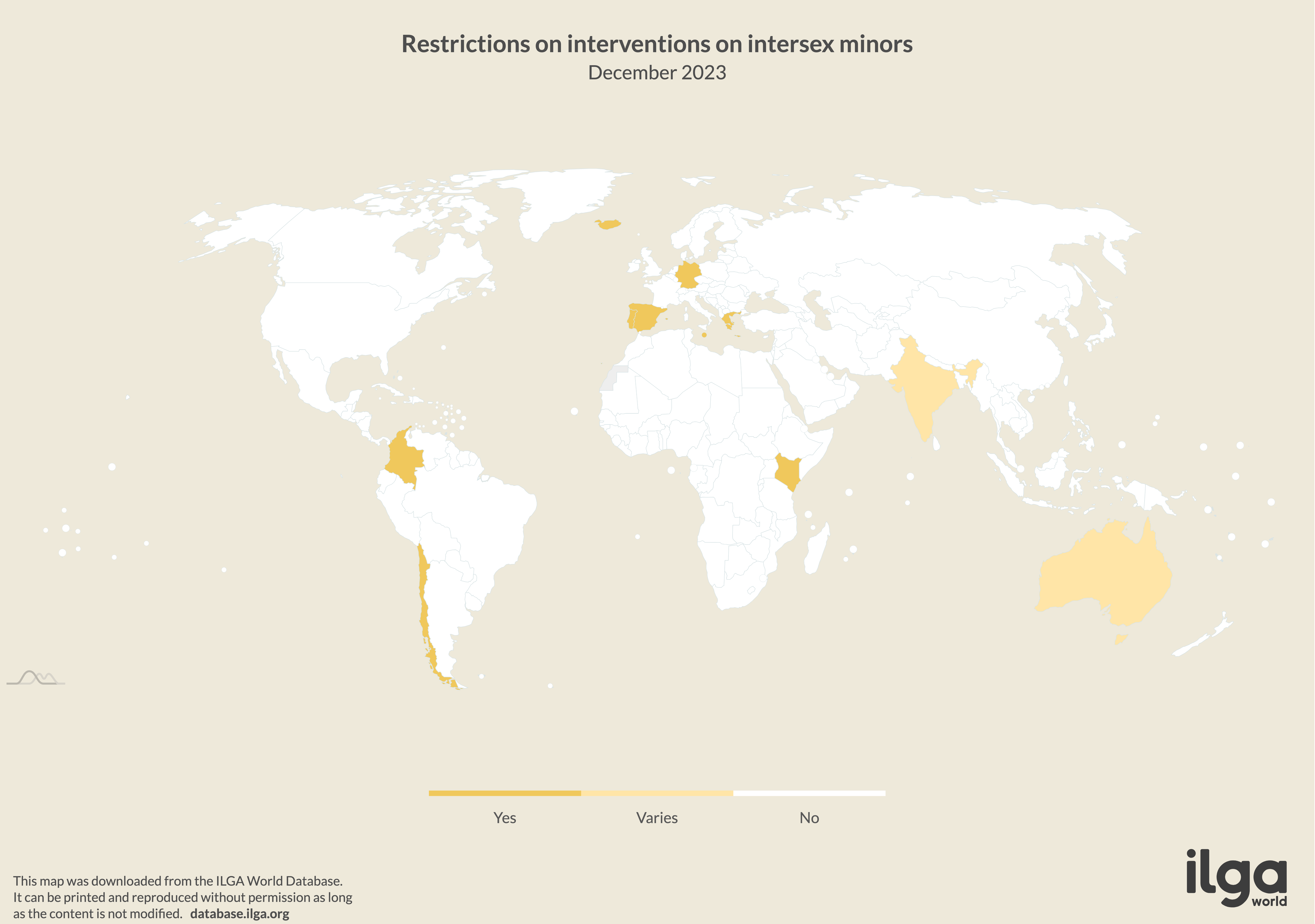 ILGA World map of countries restricting unnecessary medical interventions on intersex minors (May 2024)