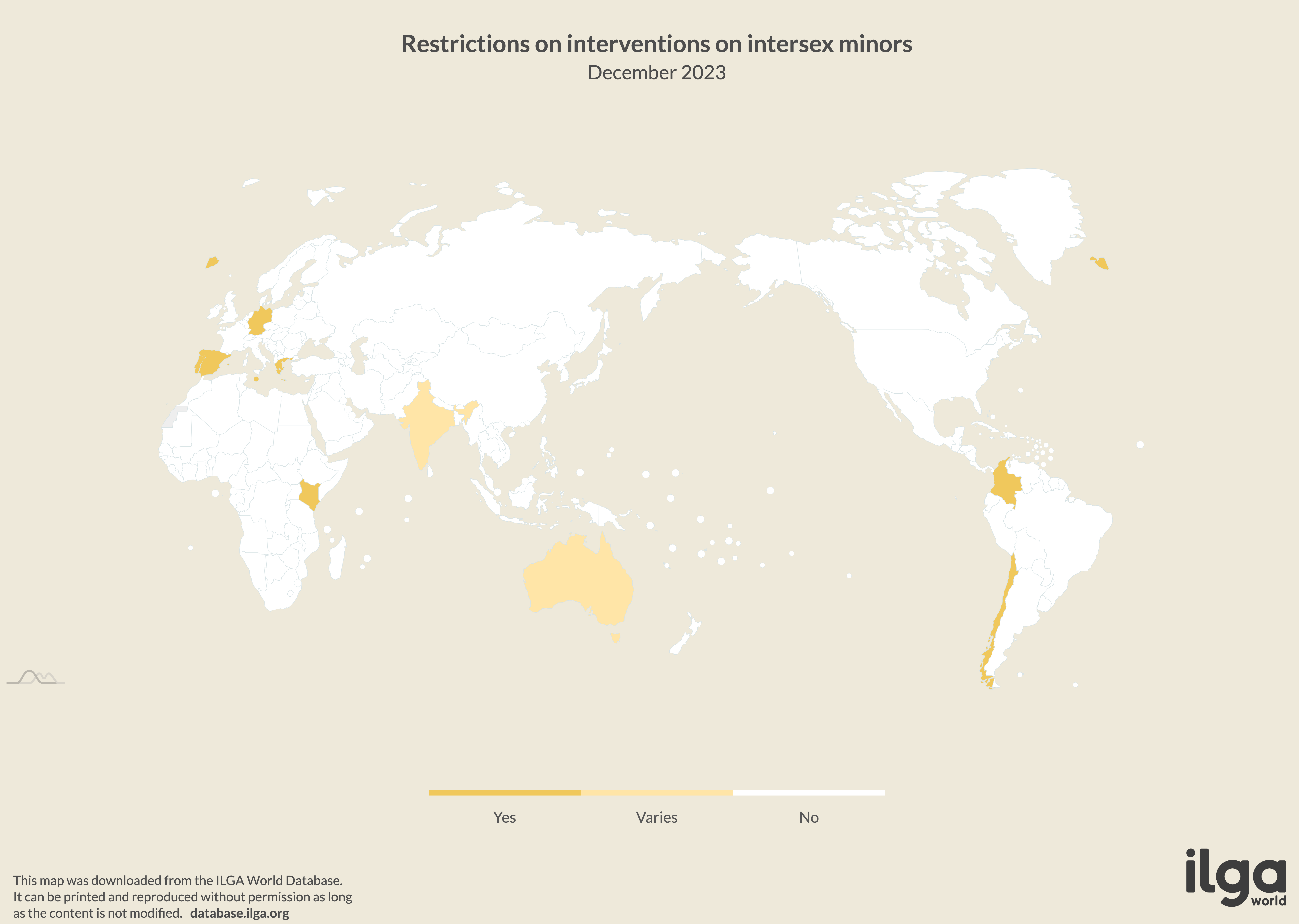 ILGA World map of countries restricting unnecessary medical interventions on intersex minors (May 2024)