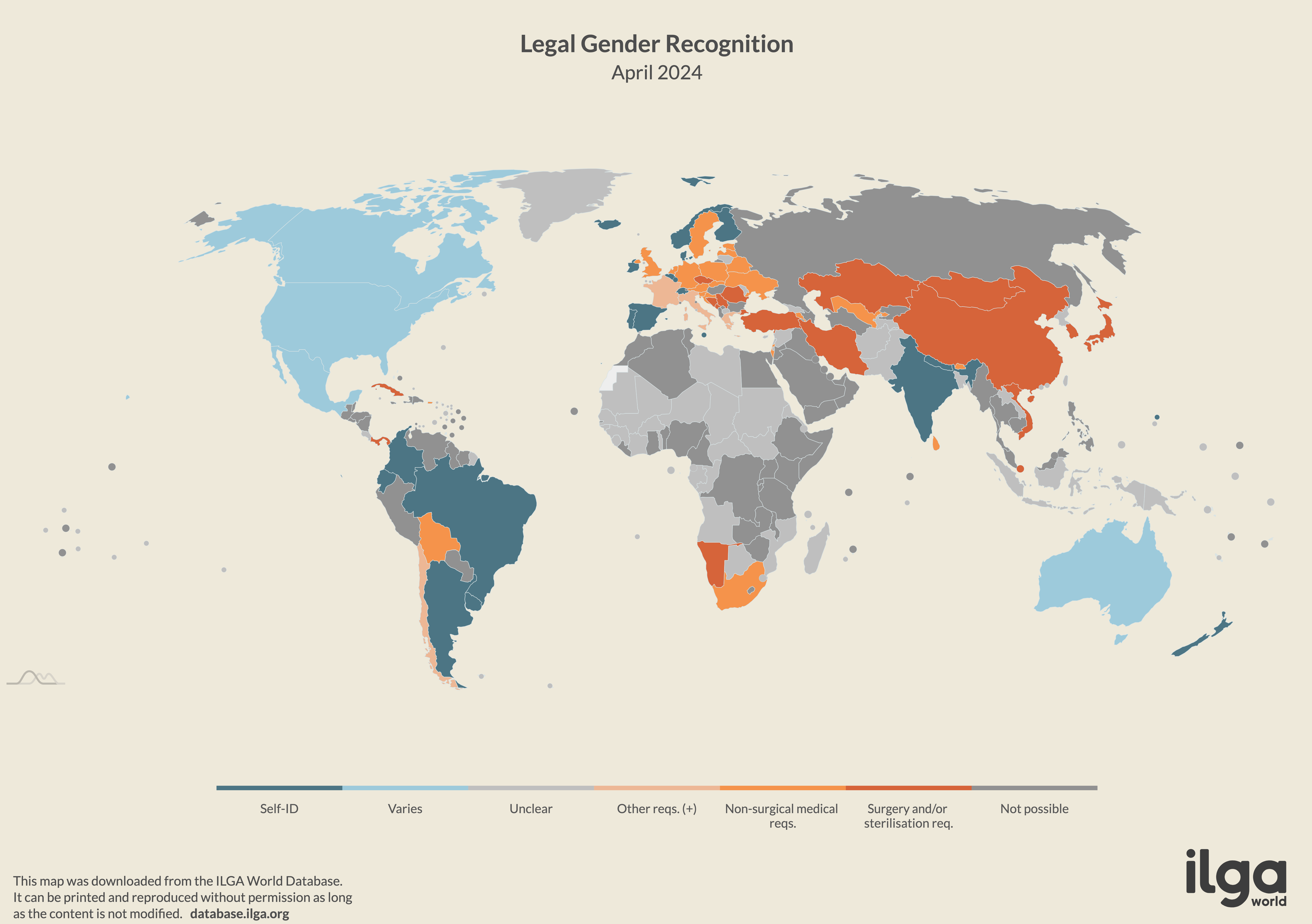 ILGA World map of countries about self-id and legal gender recognition (May 2024)