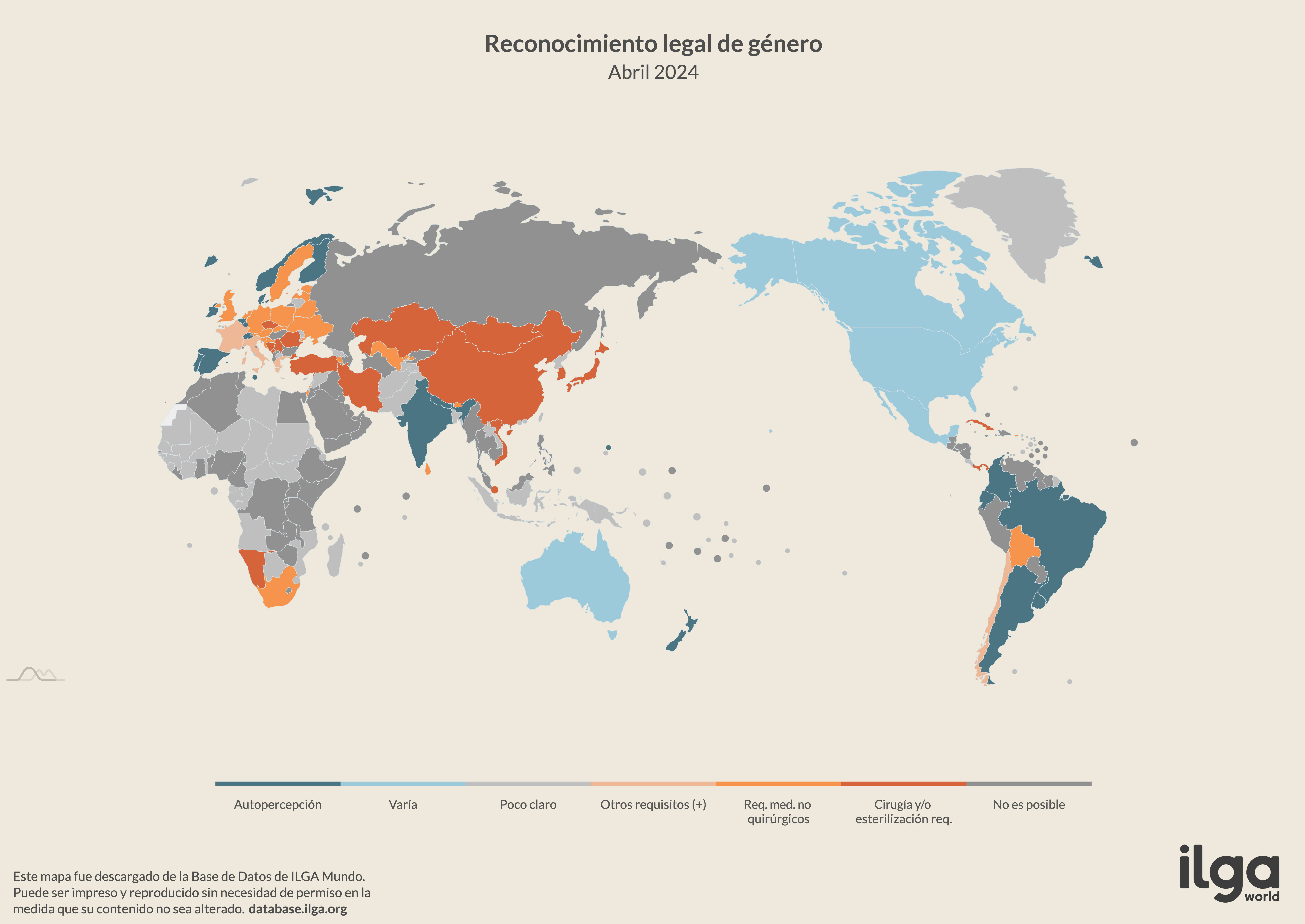 Mapa de ILGA Mundo de países sobre autoidentificación y reconocimiento legal del género (mayo de 2024, centrado en el Pacifico)