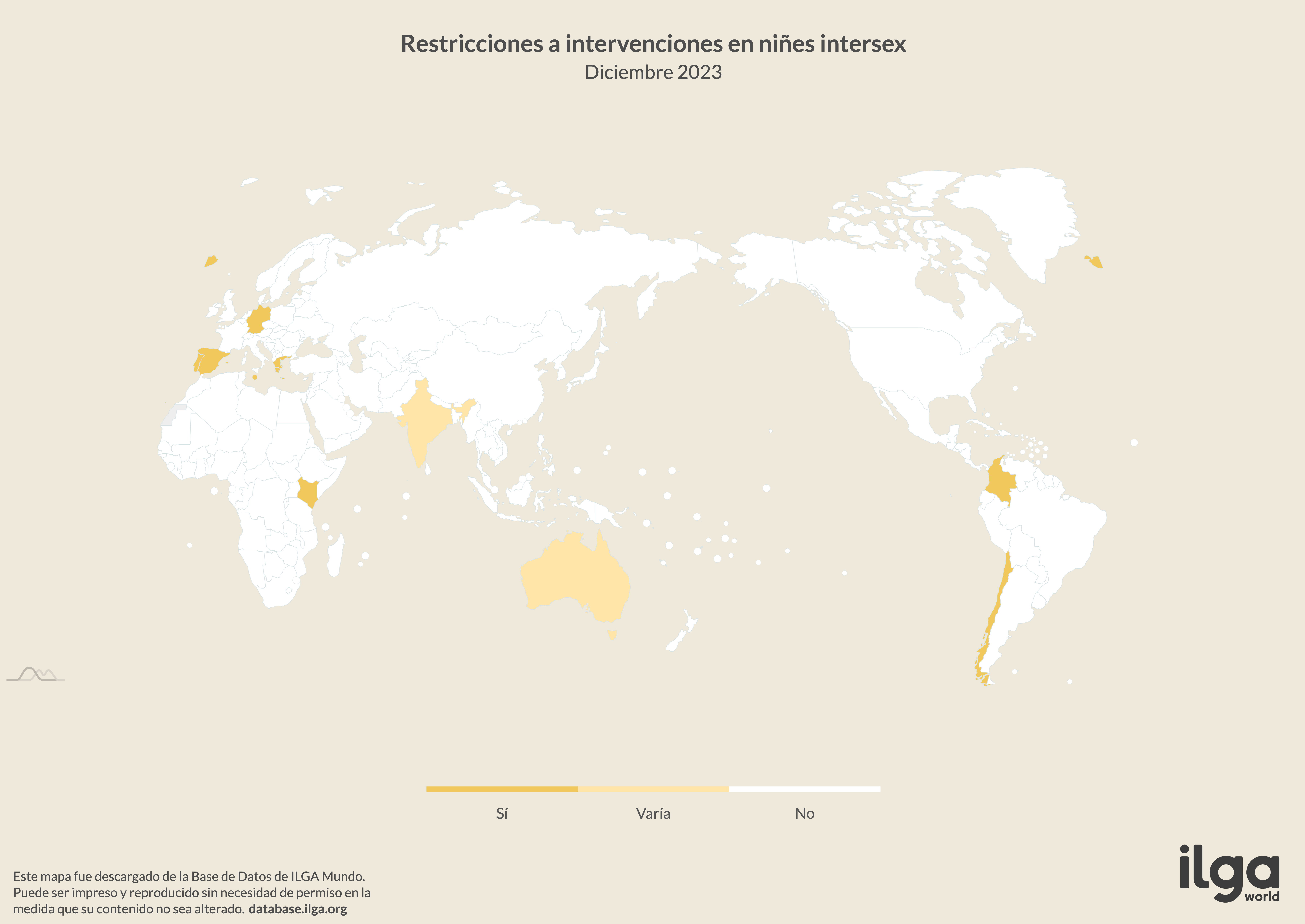 Mapa de ILGA Mundo de países con restricciones a intervenciones médicas innecesarias en niñes intersex (mayo de 2024, centrado en el Pacifico)