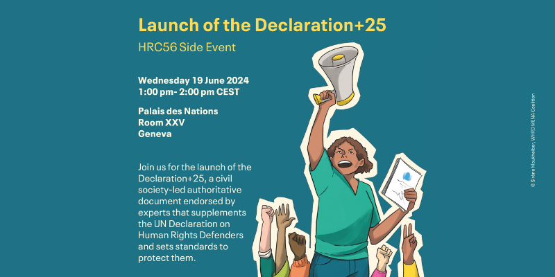 The image shows the flyer of the "Declaration + 25 launch" side event at the 56th session of the UN Human Rights Council