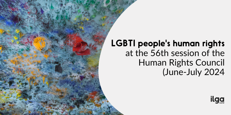 A photo of the blue ceiling in Room XX at the Palais des Nations in Geneva. Besides, text reads "LGBTI people's human rights at the 56th UN Human Rights Council". The ILGA World logo sits at the bottom right of the image