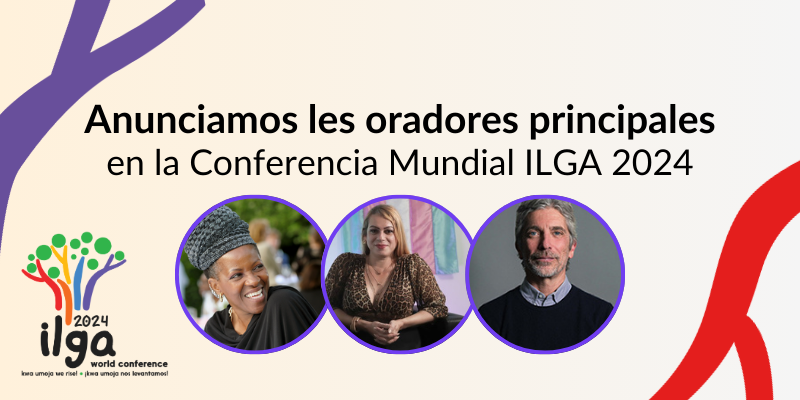 El texto dice: «Anunciamos les primeres oradores principales de la Conferencia Mundial de ILGA 2024». Las fotos de Mpho Tutu van Furth, Symmy Larrat y Graeme Reid están colocadas en marcos redondeados. El logotipo de la Conferencia Mundial de ILGA 2024 está colocado en la parte inferior izquierda de la imagen, que además está decorada con elementos del mismo logotipo.