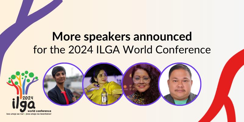 Promotional graphic for the 2024 ILGA World Conference. The text reads 'More speakers announced for the 2024 ILGA World Conference.' Below the text are headshots of four speakers in circular frames. The ILGA World Conference logo is on the left, featuring a stylized tree with colorful branches and the words '2024 ILGA World Conference' in black text. The background includes abstract red and purple shapes on the sides.