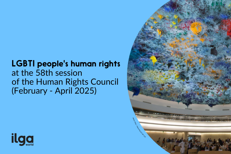 HRC58: A photo of the blue ceiling in Room XX at the Palais des Nations in Geneva. The text reads: "LGBTI people's human rights at the 58th session of the UN Human Rights Council, February-April 2024". The ILGA World logo is placed at the bottom left of the image