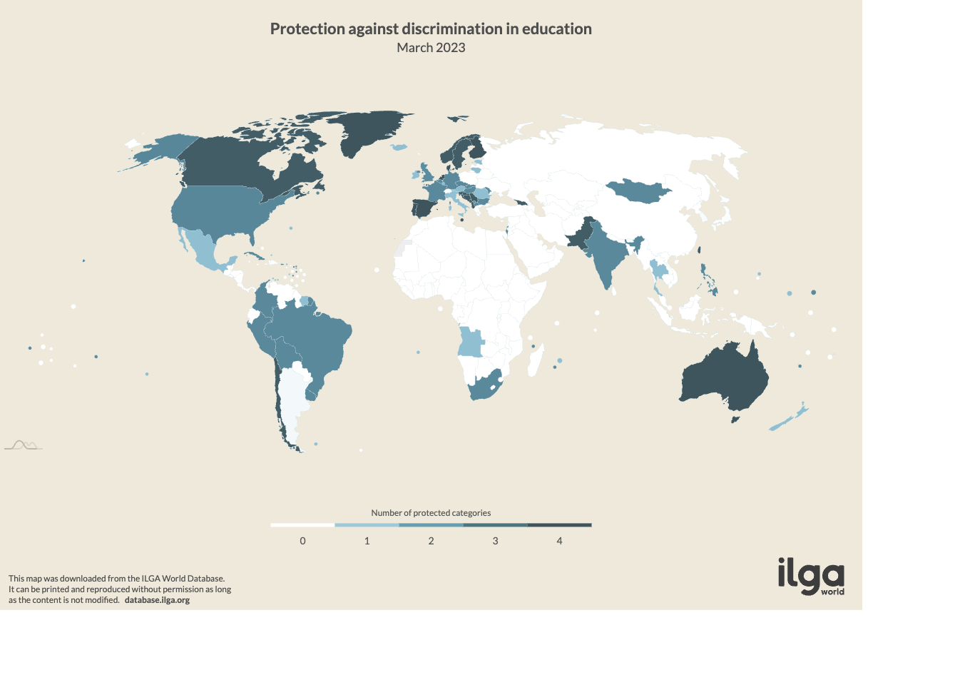 A world map highlighting States that have protections in education settings against discrimination on the grounds of sexual orientation, gender identity and expression, and sex characteristics (source: ILGA World Database)