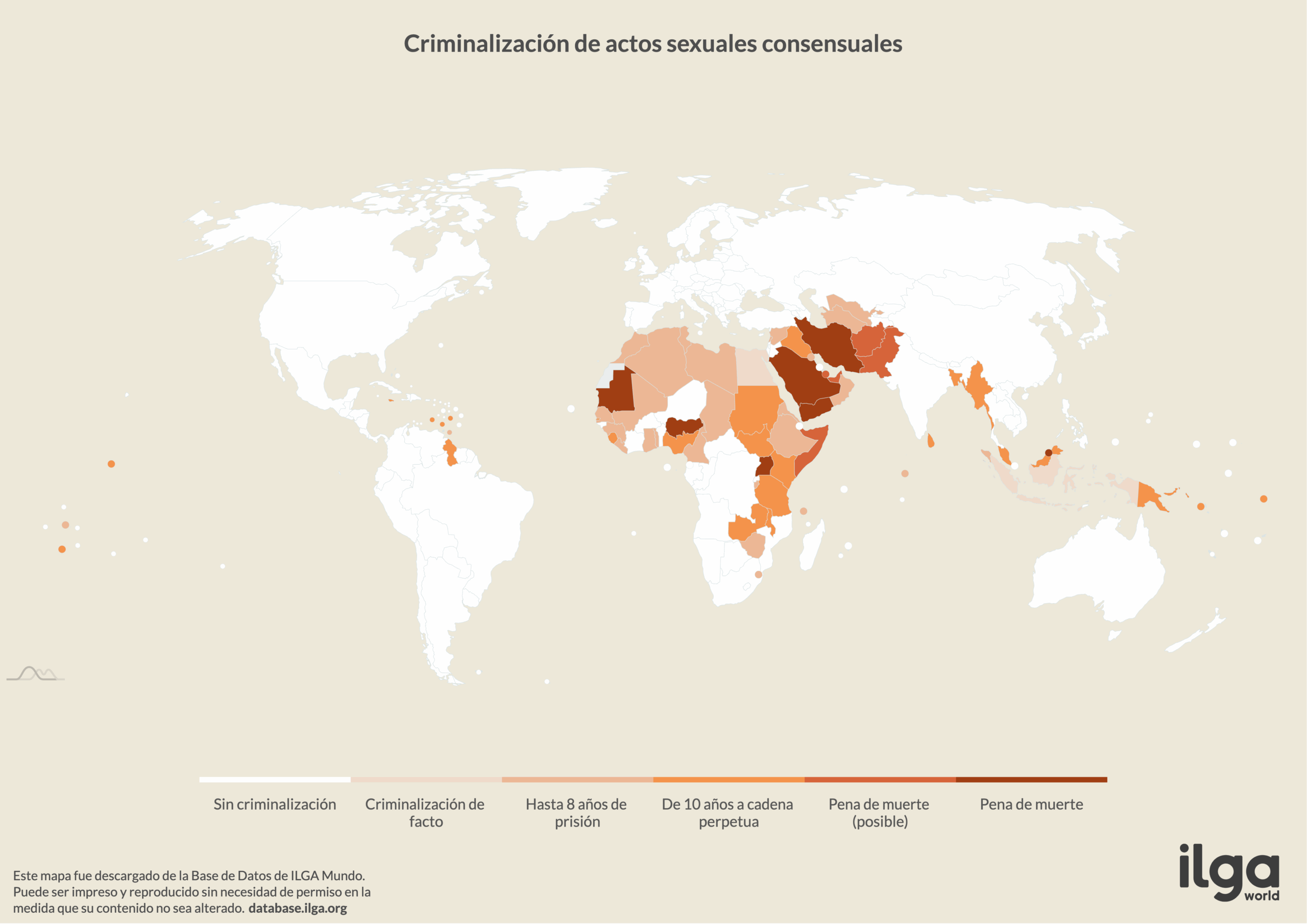 Mapa de ILGA Mundo de países que criminalizan a las personas LGBT y de género diverso por actos sexuales consensuales entre personas del mismo sexo (mayo de 2025)