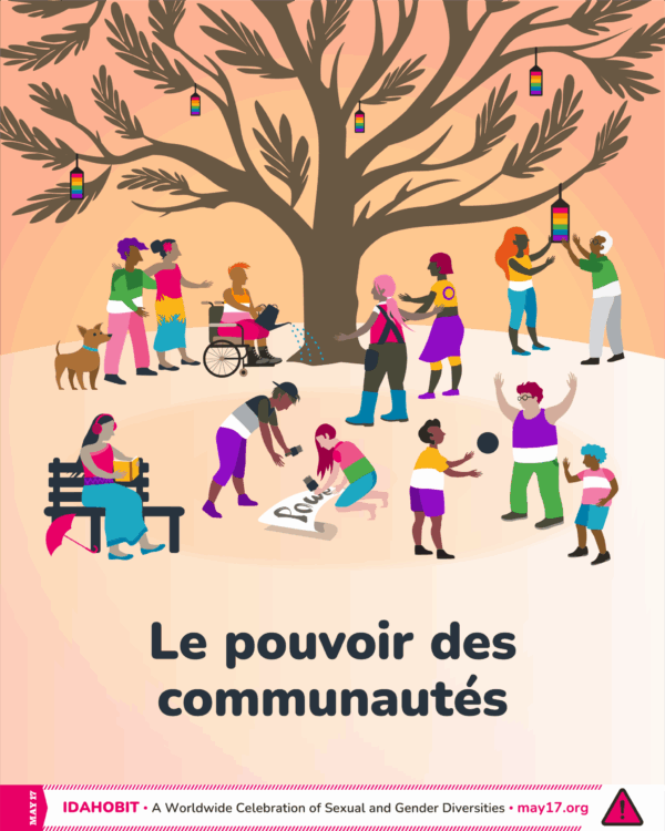 Illustration représentant un grand arbre aux branches larges, entouré de personnes LGBTQIA+ de toutes origines participant à des activités communautaires sur le thème « Le pouvoir des communautés ». On voit des personnes arroser l'arbre, peindre une pancarte de protestation, jouer, lire et accrocher des lanternes arc-en-ciel. Un petit chien se tient à côté de deux personnes à gauche. L'arrière-plan est un dégradé de rose pâle et d'orange. La scène dégage une impression de bienveillance, de solidarité et de collaboration joyeuse. En bas, on peut lire « Le pouvoir des communautés ». Une bannière rose en dessous indique « IDAHOBIT – Une célébration mondiale de la diversité sexuelle et de genre – may17.org » et un triangle rose avec un point d'exclamation, qui est le logo de l'IDAHOBIT.