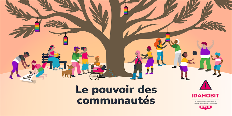 Illustration représentant un grand arbre aux branches larges, entouré de personnes LGBTQIA+ de toutes origines participant à des activités communautaires sur le thème « Le pouvoir des communautés ». On voit des personnes arroser l'arbre, peindre une pancarte de protestation, jouer, lire et accrocher des lanternes arc-en-ciel. Un petit chien se tient à côté de deux personnes à gauche. L'arrière-plan est un dégradé de rose pâle et d'orange. La scène dégage une impression de bienveillance, de solidarité et de collaboration joyeuse. En bas, on peut lire « Le pouvoir des communautés ». Une bannière rose en dessous indique « IDAHOBIT – Une célébration mondiale de la diversité sexuelle et de genre – may17.org » et un triangle rose avec un point d'exclamation, qui est le logo de l'IDAHOBIT.