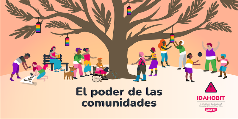 La ilustración muestra un gran árbol con ramas anchas, rodeado de personas LGBTQIA+ diversas que participan en actividades comunitarias bajo el lema «El poder de las comunidades». Se ve a personas regando el árbol, pintando un cartel de protesta, jugando, leyendo y colgando linternas con los colores del arcoíris. Un pequeño perro se encuentra junto a dos personas a la izquierda. El fondo es un suave degradado de rosa y naranja. La escena transmite cariño, solidaridad y colaboración alegre. En la parte inferior, se lee «El poder de las comunidades». Una pancarta rosa debajo incluye «IDAHOBIT: una celebración mundial de la diversidad sexual y de género – may17.org» y un triángulo rosa con un signo de exclamación, que es el logotipo de IDAHOBIT.