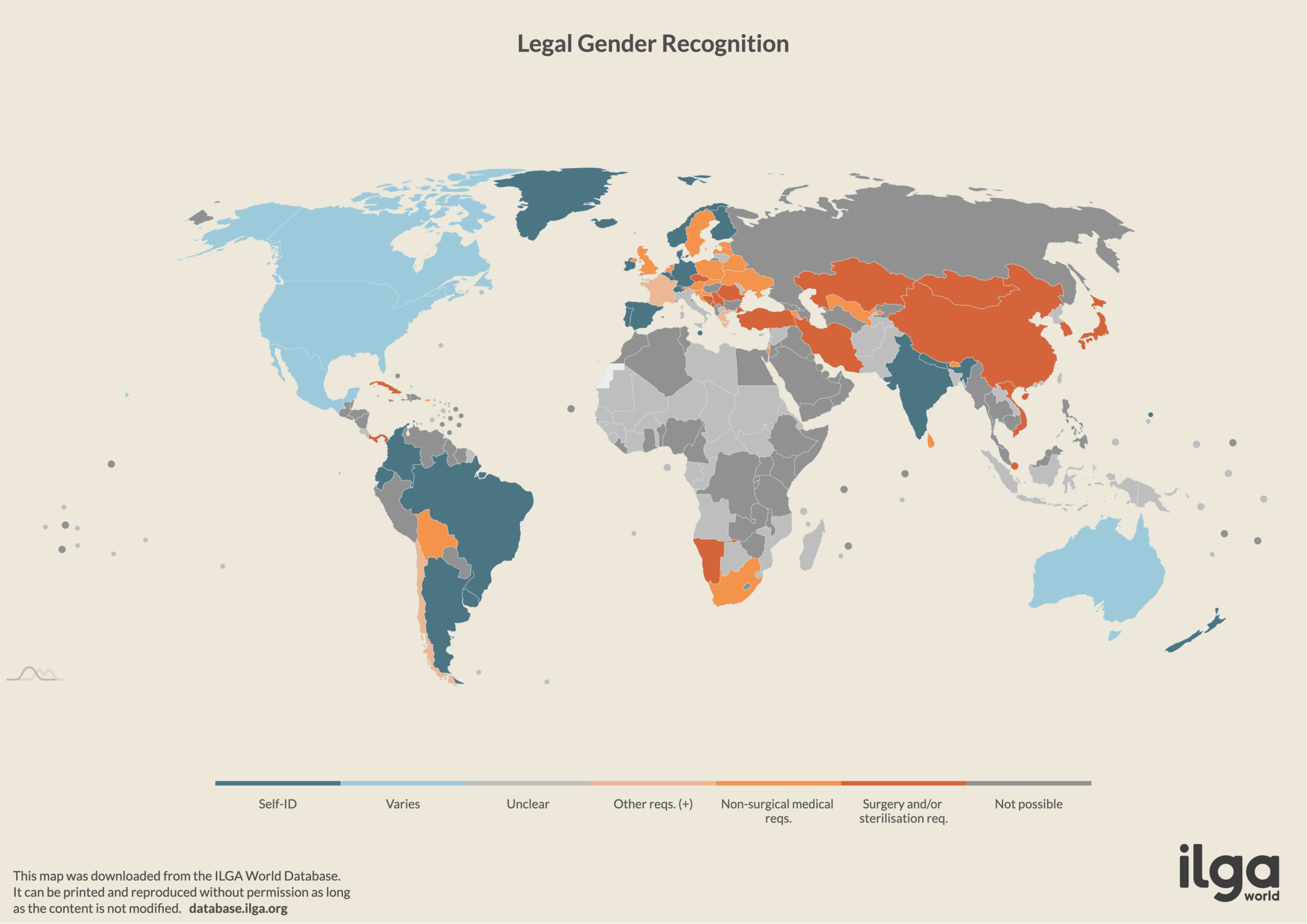 ILGA World map of countries about self-id and legal gender recognition (May 2025)