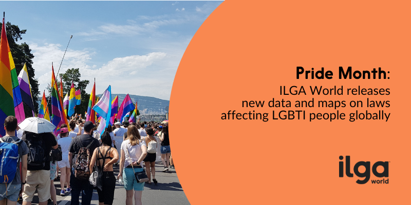 A photo of people marching at Geneva Pride during a bright-sky day, holding diverse Pride flags. The text reads: "Pride Month: ILGA World releases new data and maps on laws affecting LGBTI people globally". The ILGA World logo is placed at the bottom right of the image.