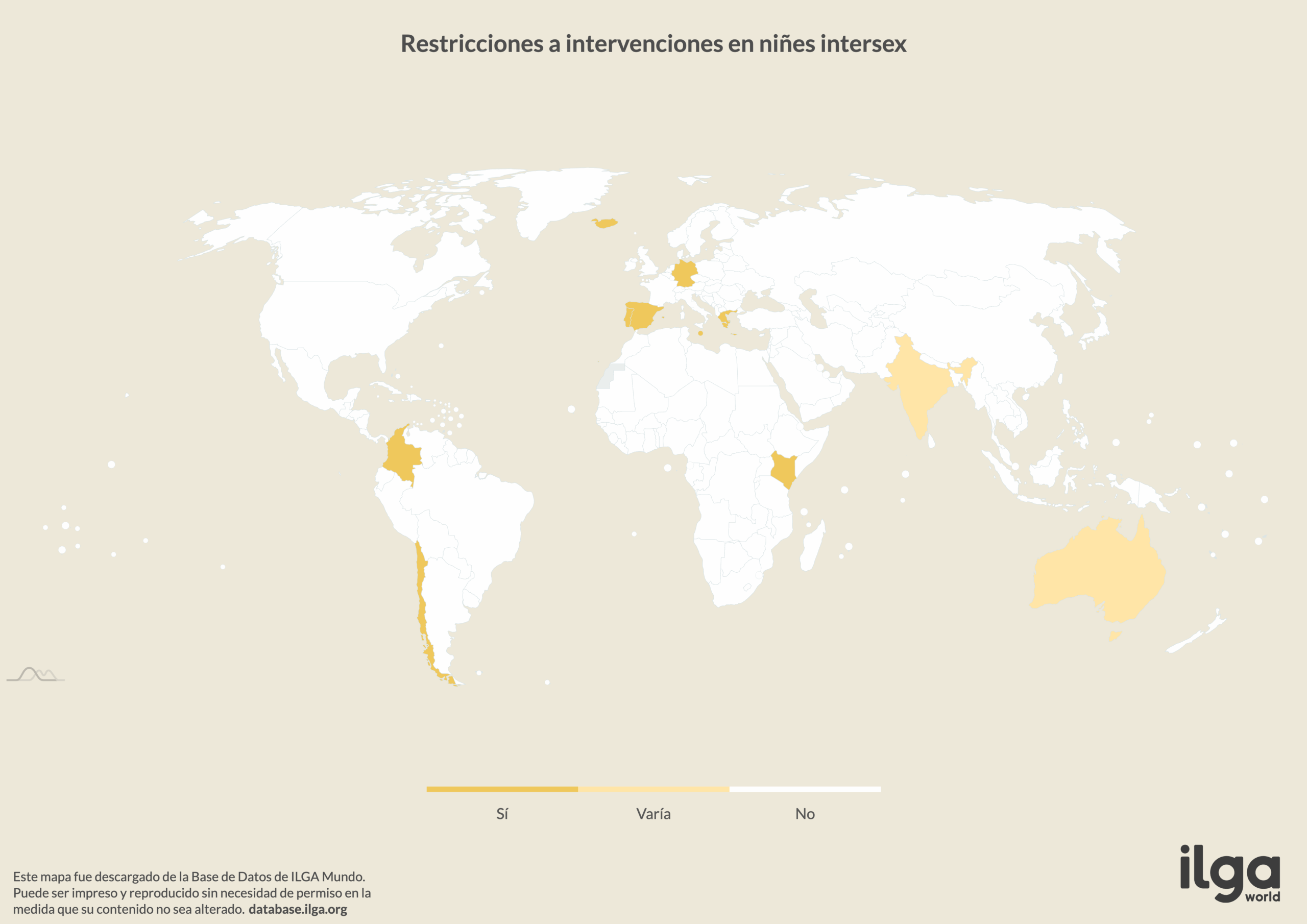 Mapa de ILGA Mundo de países que restringen las intervenciones médicas innecesarias en menores intersex (mayo de 2025)