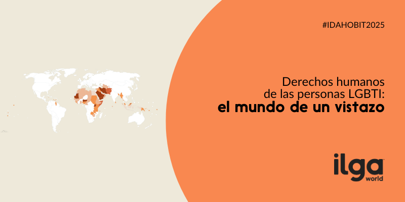 Mapa mundial de países que criminalizan los actos sexuales consentidos entre personas del mismo sexo en mayo de 2025. El texto dice: «Derechos humanos de las personas LGBTI: el mundo de un vistazo. #IDAHOBIT2025». El logotipo de ILGA Mundo aparece en la parte inferior derecha de la imagen.
