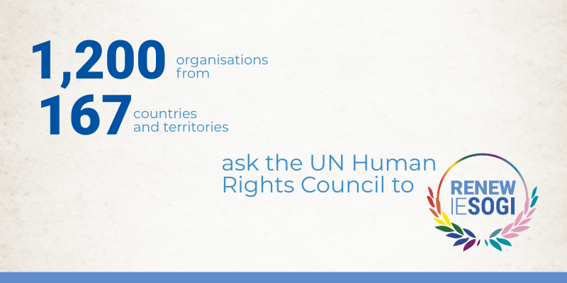 Text reads: “1,200 organisations from 167 countries and territories ask the United Nations Human Rights Council to…”. The #RenewIESOGI campaign logo completes the sentence and is placed at the bottom right of the image