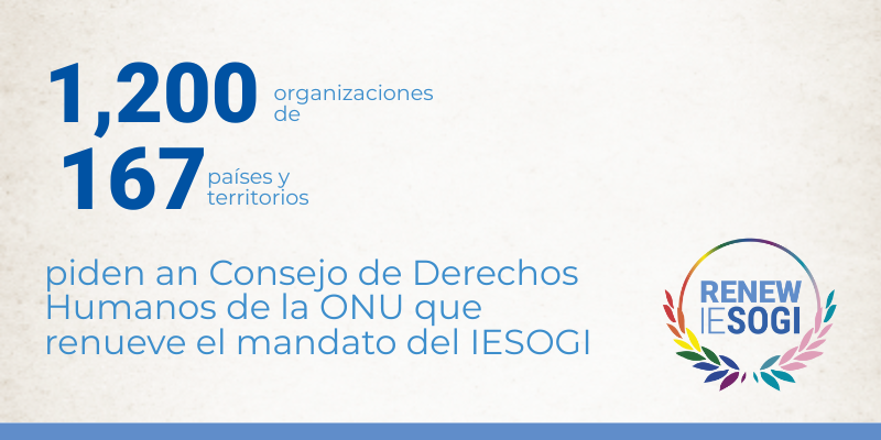 El texto dice: «1200 organizaciones de 167 países y territorios piden al Consejo de Derechos Humanos de las Naciones Unidas que...». El logotipo de la campaña #RenewIESOGI completa la frase y aparece en la parte inferior derecha de la imagen.