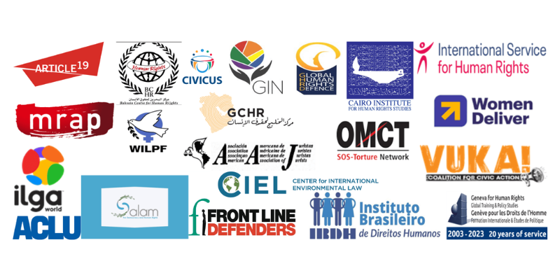 The image shows the logos of the 21 organisations that joined the statement titled "United States of America: Sanctions on the United Nations Special Rapporteur an assault on human rights"