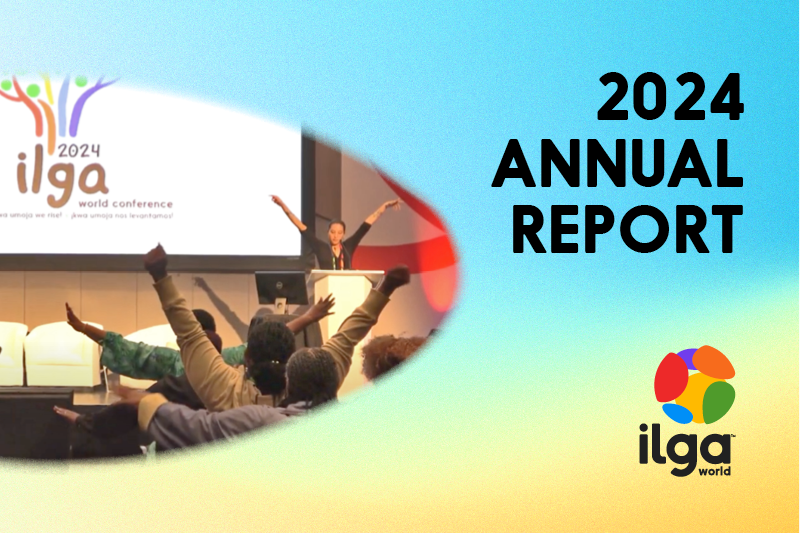 A large group of people raise their hands at once for a collective breathwork exercise. The logo of the 2024 ILGA World Conference can be noticed in the background. Text reads: "Annual report 2024". The ILGA world logo is placed at the bottom of the text