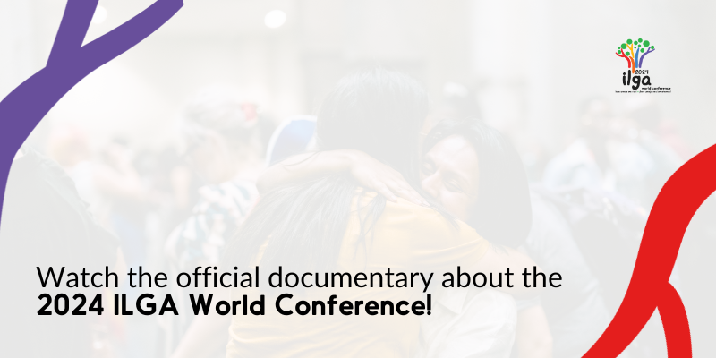 Promotional image for the 2024 ILGA World Conference documentary. The background shows two people hugging warmly in a blurred crowd. The 2024 ILGA World Conference logo with a colourful tree is in the top right corner. The text reads: 'Watch the official documentary of the 2024 ILGA World Conference!' with purple and red ribbon-like shapes on the sides.