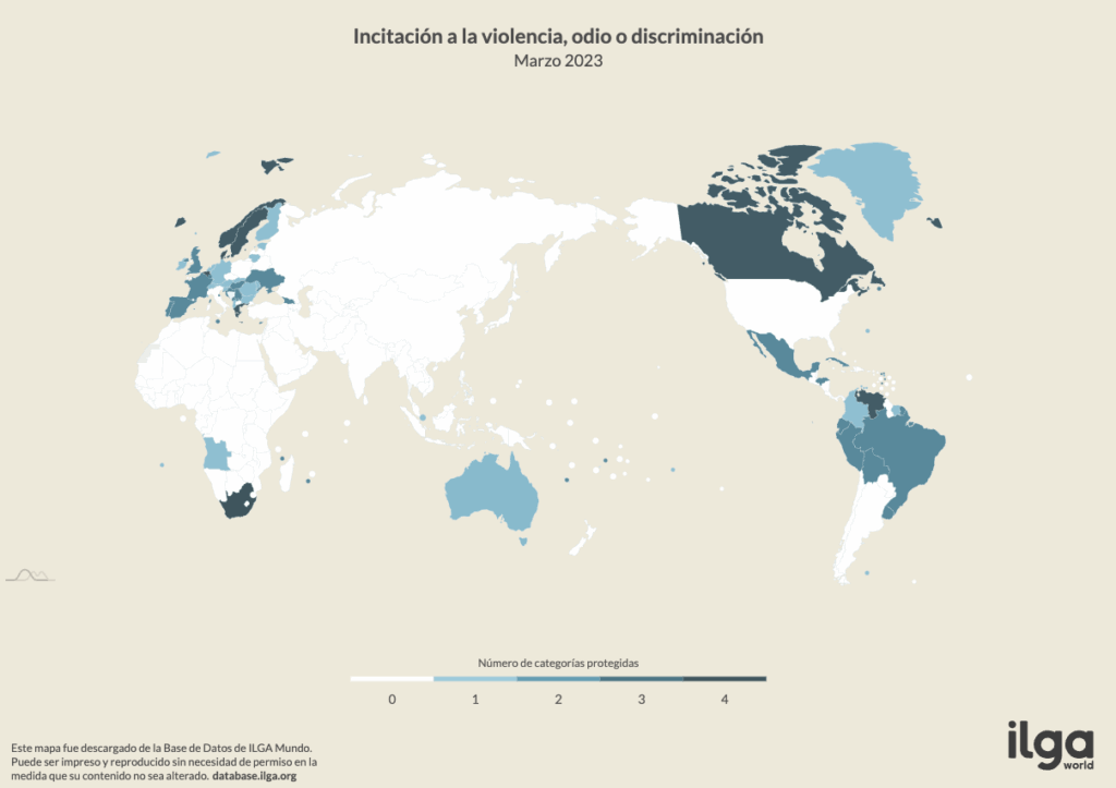 Mapa de los Estados en los que es delito incitar al odio, la violencia o la discriminación contra otras personas por motivos de OSIEGCS (fuente: Base de Datos de ILGA Mundo)