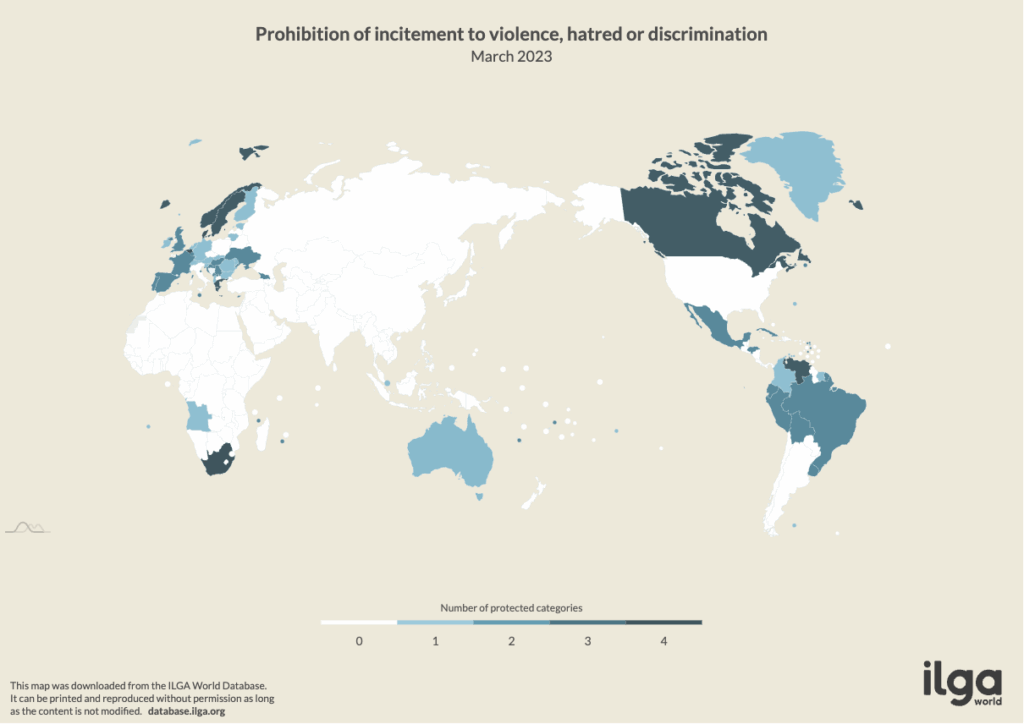 A map of States where it is an offence to incite hatred, violence, or discrimination against others based on SOGIESC (source: database.ilga.org)