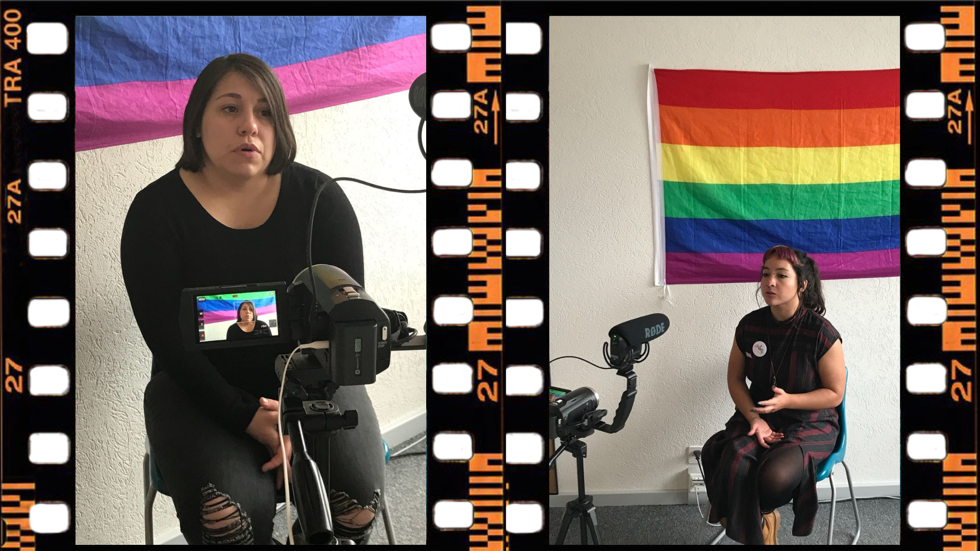 Two women doing a video interview. A Pride flag is placed behind them as a backdrop