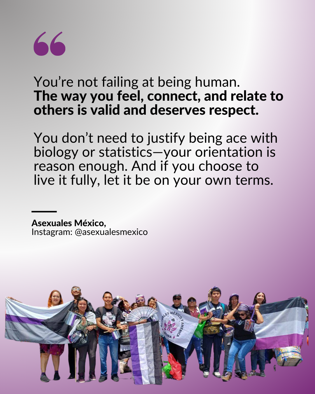 A group of people stand holding asexual pride flags and banners, with a quote above about validating asexual orientation and living authentically.