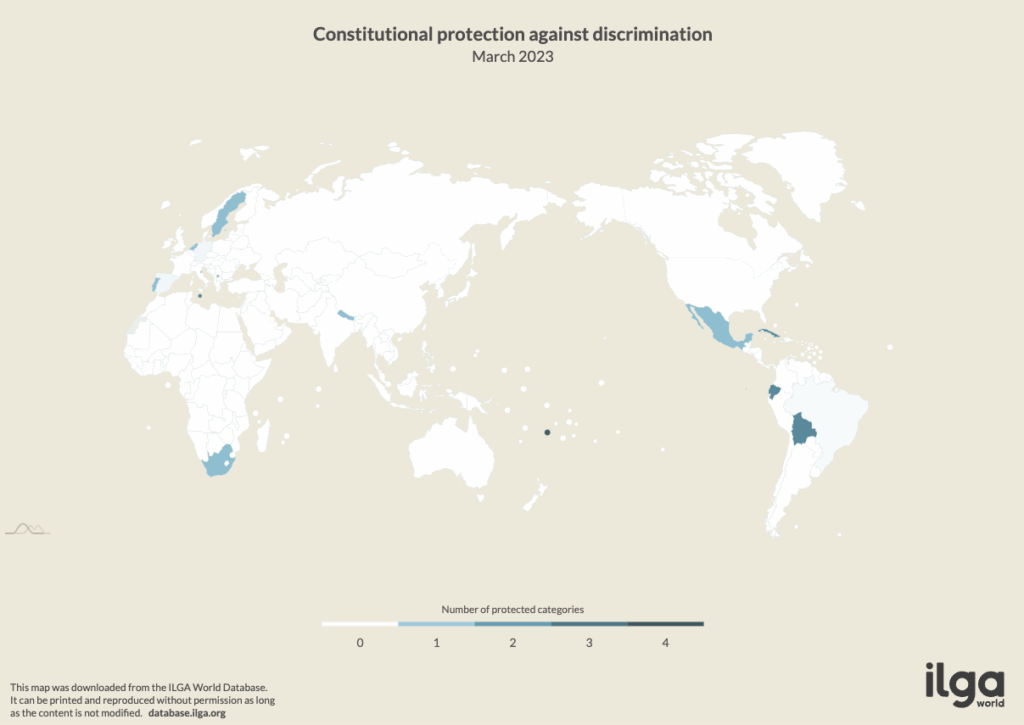 A map of the world, showing UN member States with constitutional-level protection against discrimination on the grounds of SOGIESC