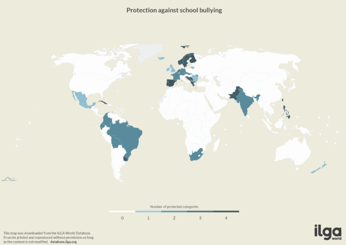 A map of the world. Countries highlighted in various shades of blue indicate which ones have laws protecting LGBTI people from bullying