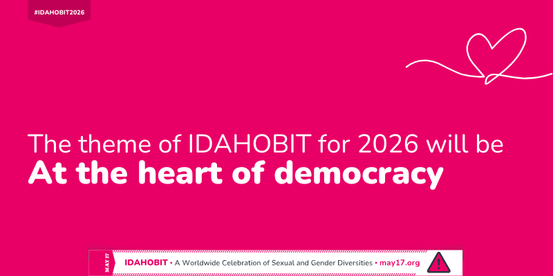 A doodle of a heart with text reading: "The theme of IDAHOBIT for 2026 will be 'At the heart of democracy'