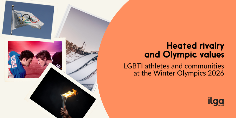Collage of "Heated Rivalry" protagonists' photo with Olympic images including flag, torch, and ski jump, with text about LGBTI athletes at the Winter Olympics 2026 on an orange background. Yhe ILGA World logo sits at the bottom right of the image