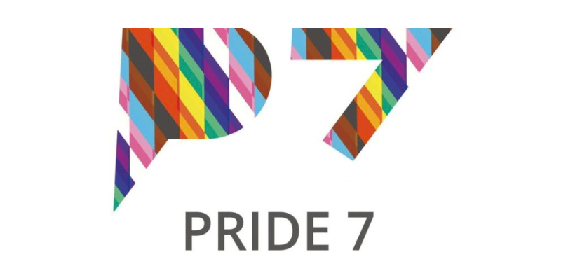 The Pride 7 logo: the letter P and the number 7 in the colours of the Progress Pride flag