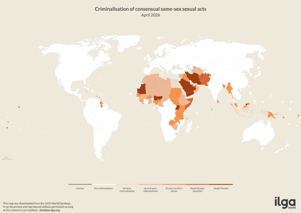 ILGA World map of countries criminalising LGBT and gender diverse persons for consensual same-sex sexual acts (May 2026)
