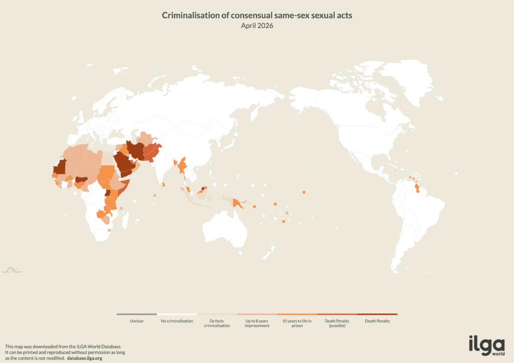 ILGA World map of countries criminalising LGBT and gender diverse persons for consensual same-sex sexual acts (May 2026)