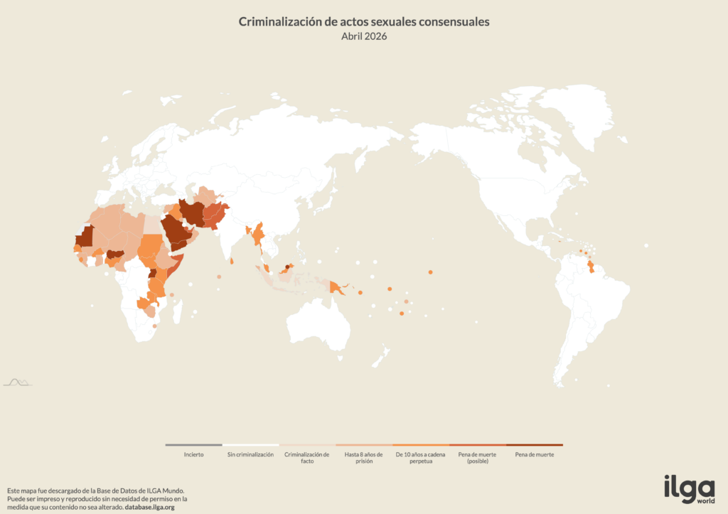 Mapa de ILGA Mundo de países que criminalizan a las personas LGBT y de género diverso por actos sexuales consensuales entre personas del mismo sexo (mayo de 2026)