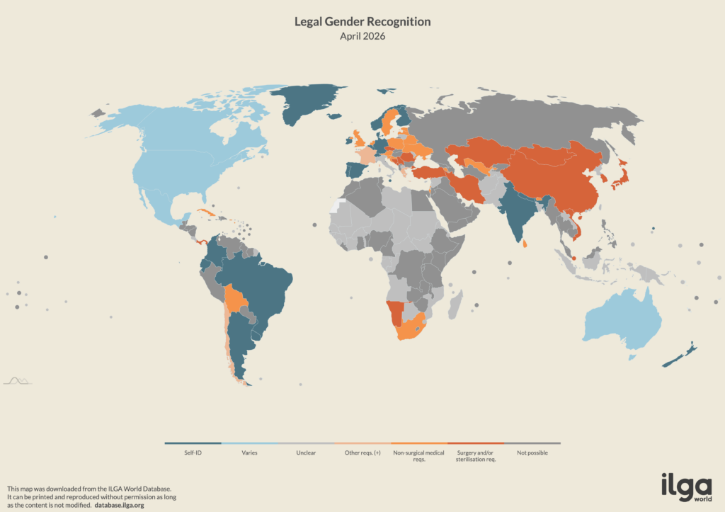 ILGA World map of countries about self-id and legal gender recognition (May 2026)
