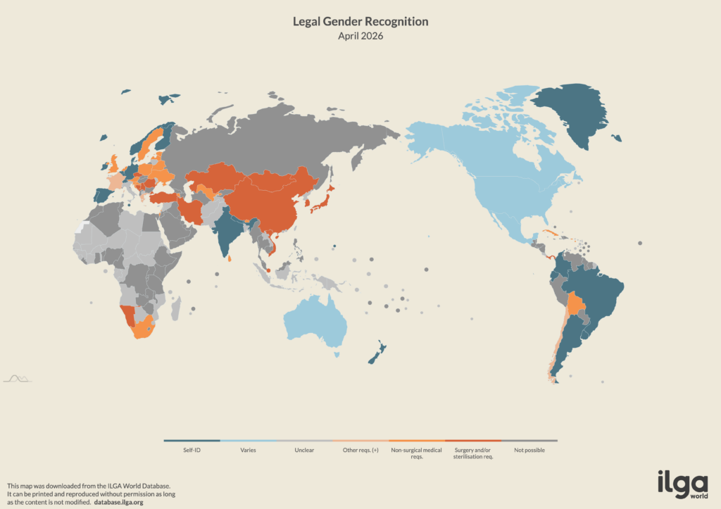 ILGA World map of countries about self-id and legal gender recognition (May 2026)