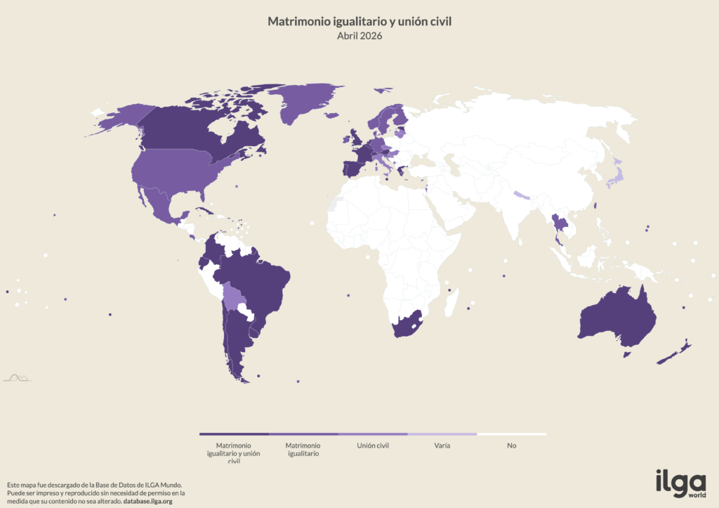 Mapa de ILGA Mundo de países con matrimonio igualitario (matrimonio entre personas del mismo sexo) o uniones civiles (mayo de 2026)